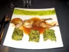 Cailles, crème de pistaches, potée de chou