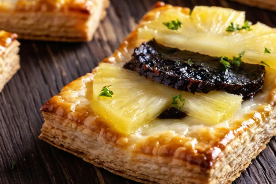 Carrés de boudin noir, feuilleté à l’ananas