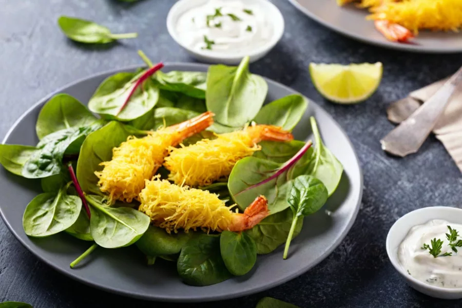 Crevettes Kadaïf, pousses d’épinards