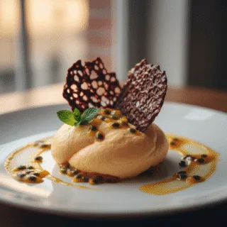 Mousse de fruit de la passion, tuiles chocolat
