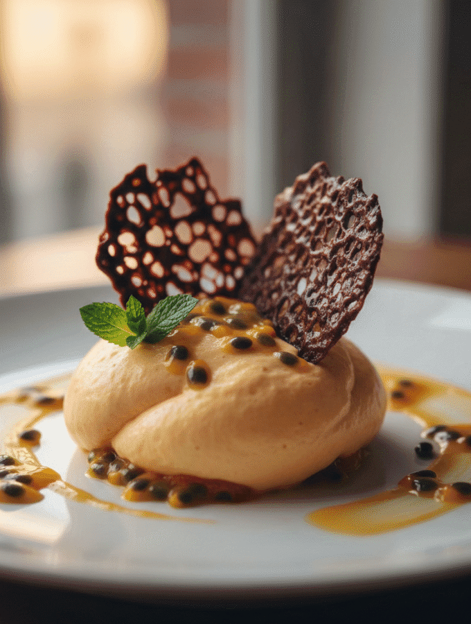 Mousse de fruit de la passion, tuiles chocolat