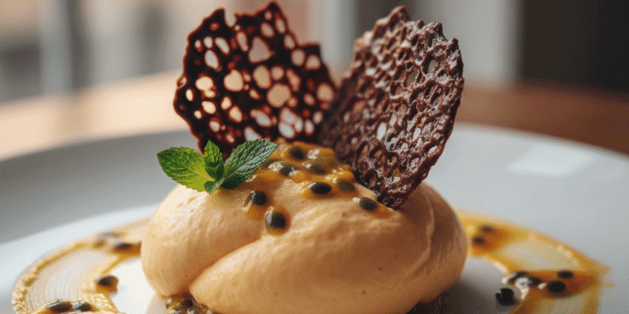 Mousse de fruit de la passion, tuiles chocolat