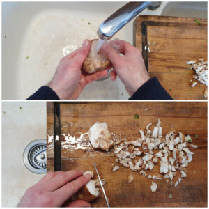 Croquettes aux oignon nouveaux, champignons et tofu - Instruction 1